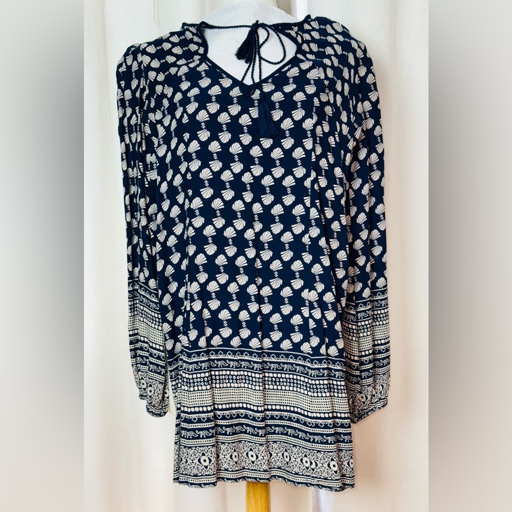 Band of Gypsies BOG Seashells Mini Dress Small Boho Smock Tie Closure Navy Blue